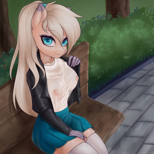 Size: 2000x2000 | Tagged: questionable, alternate version, artist:yutakira92, derpibooru import, oc, unofficial characters only, anthro, earth pony, bench, breasts, clothes, female, high res, image, jpeg, nipples, nudity, see-through, see-through shirt, shirt, skirt, socks, solo, solo female, thigh highs, zettai ryouiki