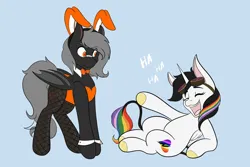 Size: 2048x1365 | Tagged: safe, artist:mscolorsplash, derpibooru import, oc, oc:lightning bliss, oc:tranzmute, unofficial characters only, bat pony, pegasus, pony, bandaid, bandaid on nose, bat pony oc, bat wings, blue background, bunny ears, bunny suit, clothes, crossdressing, duo, eyes closed, female, goggles, goggles on head, image, jpeg, laughing, male, mare, open mouth, open smile, pointing, simple background, smiling, stallion, stubble, wings