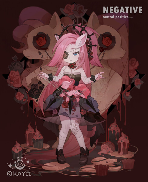 Size: 1479x1819 | Tagged: safe, artist:koyii-kong, derpibooru import, pinkie pie, earth pony, human, pony, bandage, bare shoulders, clothes, cupcake, dress, duo, duo female, eared humanization, eyepatch, eyes closed, female, flower, food, frown, g4, human ponidox, humanized, image, jpeg, lidded eyes, mare, pinkamena diane pie, puppet, rose, self paradox, self ponidox, string