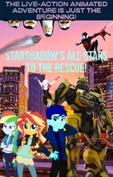 Size: 1550x2420 | Tagged: safe, artist:robertsonskywa1, derpibooru import, rainbow dash, sunset shimmer, oc, oc:starshadow skystalker, bird, human, penguin, robot, equestria girls, book cover, bumblebee (transformers), chip and dale rescue rangers, cover, crossover, cybertronian, dreamworks, g4, image, kowalski, logo, marvel, miles morales, photo, png, private (madagascar), real life background, rico, skipper, spider-man, spider-man: across the spider-verse, text, the penguins of madagascar, transformers, wattpad