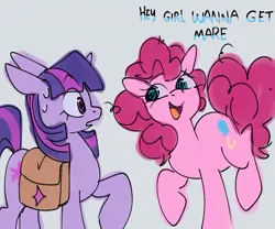 Size: 697x581 | Tagged: safe, artist:sunlighten_, derpibooru import, pinkie pie, twilight sparkle, earth pony, pony, unicorn, bag, dialogue, duo, duo female, eye clipping through hair, eyebrows, eyebrows visible through hair, female, g4, horn, image, jpeg, lesbian, mare, meme, open mouth, open smile, ponified meme, pun, shipping, smiling, sweat, swirly eyes, twinkie, unicorn twilight, wingding eyes, wordplay