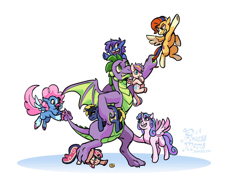 Size: 3000x2400 | Tagged: safe, artist:overlordneon, derpibooru import, princess flurry heart, spike, oc, oc:applejam, oc:cherry pie, oc:dusk eclipse, oc:glam rock, oc:nova dawn, oc:solar flare, alicorn, dragon, earth pony, hybrid, pegasus, pony, unicorn, adopted offspring, adult, adult spike, bits, braces, butt, colt, female, filly, filly flurry heart, flying, foal, foalsitting, frown, grin, high res, holding a pony, horn, image, interspecies offspring, jpeg, looking down, looking up, magical gay spawn, magical lesbian spawn, magical threesome spawn, male, mouth hold, multiple parents, nonbinary, offspring, older, older flurry heart, older spike, open mouth, open smile, parent:applejack, parent:coloratura, parent:flash sentry, parent:maud pie, parent:pinkie pie, parent:princess skystar, parent:starlight glimmer, parent:sunburst, parent:sunset shimmer, parent:trixie, parent:twilight sparkle, parents:flashburst, parents:rarajack, parents:skypie, parents:sunsetsparkle, plot, reaching, redraw, signature, simple background, smiling, tail, tail pull, tongue out, tooth gap, unamused, white background, winged spike, wings