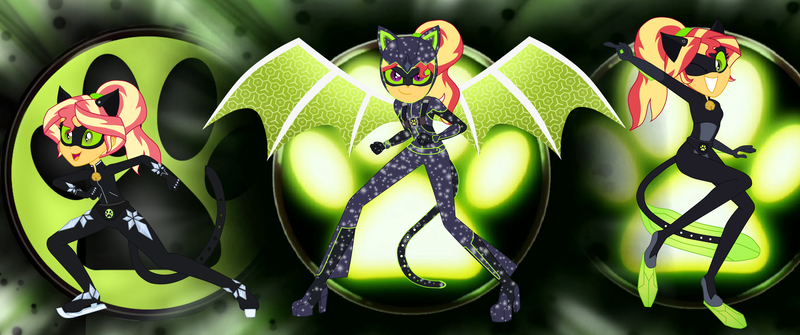 Size: 3824x1600 | Tagged: safe, artist:machakar52, derpibooru import, sunset shimmer, human, equestria girls, adrien agreste, alternate hairstyle, animal costume, aqua noir, astro cat, bodysuit, boots, cat costume, cat ears, cat noir, cat tail, clothes, cosplay, costume, crossover, fins, g4, green wings, ice cat, ice skates, image, looking at you, mask, miraculous ladybug, one eye closed, open mouth, png, ponytail, shoes, skates, smiling, smiling at you, tail, wings, wink, winking at you