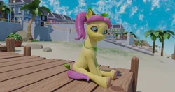 Size: 4096x2160 | Tagged: safe, artist:raindashesp, derpibooru import, posey (g5), earth pony, pony, g5, my little pony: tell your tale, spoiler:g5, spoiler:my little pony: tell your tale, spoiler:tyts02e13, 3d, 4k, blender, high res, image, looking at something, maretime bay, p + p = bffs, palm tree, pier, png, scene interpretation, sitting, solo, tree