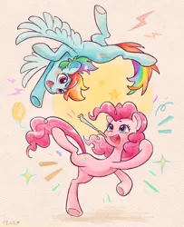 Size: 2583x3180 | Tagged: safe, artist:千雲九枭, derpibooru import, pinkie pie, rainbow dash, earth pony, pegasus, pony, duo, duo female, female, flying, g4, image, jpeg, mare, open mouth, open smile, party horn, smiling, spread wings, wings