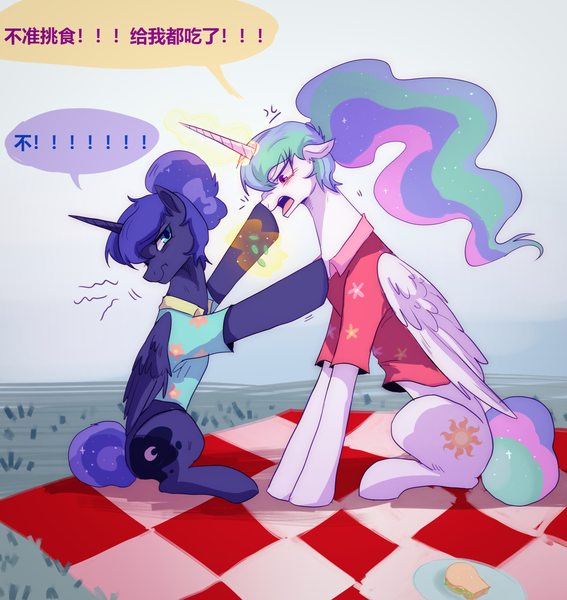 Size: 1891x2000 | Tagged: safe, artist:qswomozi, derpibooru import, princess celestia, princess luna, alicorn, pony, between dark and dawn, argument, chinese text, female, g4, image, magic, mare, moon runes, picnic blanket, png, royal sisters, siblings, sisters, speech bubble, text