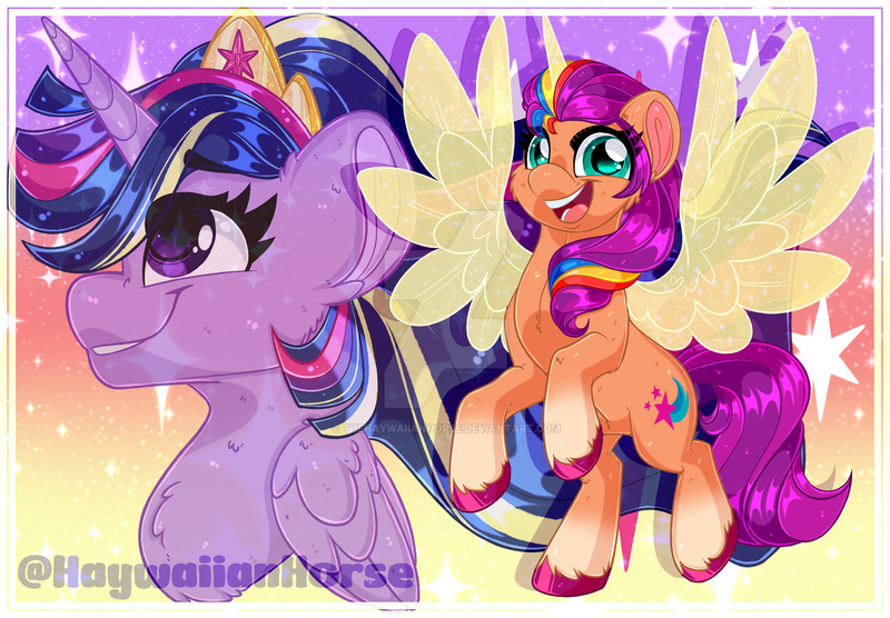 Size: 1600x1112 | Tagged: safe, artist:missbramblemele, derpibooru import, sunny starscout, twilight sparkle, twilight sparkle (alicorn), alicorn, pony, g5, my little pony: a new generation, duo, duo female, female, gradient background, image, jpeg, open mouth, open smile, race swap, smiling, spread wings, sunny and her heroine, sunnycorn, wings