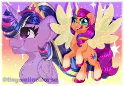 Size: 1600x1112 | Tagged: safe, artist:missbramblemele, derpibooru import, sunny starscout, twilight sparkle, twilight sparkle (alicorn), alicorn, pony, g5, my little pony: a new generation, duo, duo female, female, gradient background, image, jpeg, open mouth, open smile, race swap, smiling, spread wings, sunny and her heroine, sunnycorn, wings
