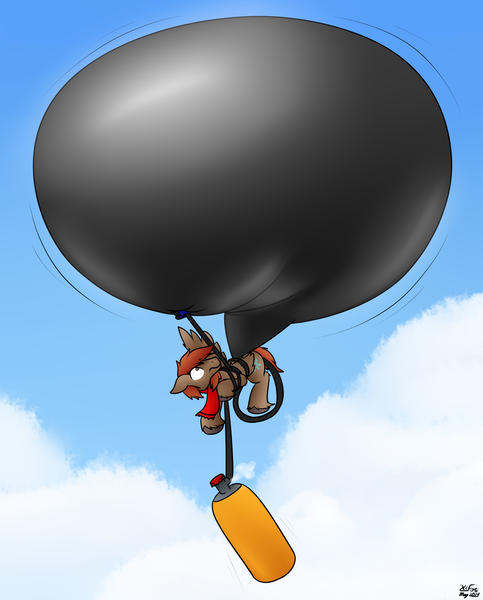 Size: 2240x2780 | Tagged: safe, artist:the-furry-railfan, derpibooru import, oc, oc:winterlight, unofficial characters only, pegasus, pony, clothes, cloud, cloudy, floating, helium tank, hose, hose bulges, image, inflation, male, panic, png, scarf, solo, stallion, tangled up, this will end in balloons, unshorn fetlocks