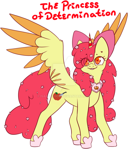 Size: 1280x1485 | Tagged: safe, artist:isaacbloom, derpibooru import, apple bloom, alicorn, pony, alicornified, bloomicorn, deviantart watermark, female, flower, flower in hair, g4, grin, image, mare, obtrusive watermark, png, race swap, smiling, solo, spread wings, text, watermark, wings