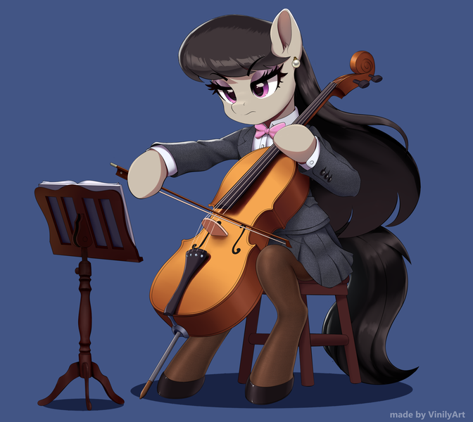 Size: 2172x1938 | Tagged: safe, artist:vinilyart, derpibooru import, octavia melody, earth pony, pony, semi-anthro, blue background, bow (instrument), bowtie, cello, cello bow, clothes, colored pinnae, ear fluff, ear piercing, earring, eyebrows, eyebrows visible through hair, eyelashes, eyeshadow, female, flowing mane, g4, hoof hold, hoof shoes, image, jacket, jewelry, looking at something, makeup, mare, musical instrument, octavia is not amused, piercing, png, shadow, sheet music, shirt, signature, simple background, sitting, skirt, socks, solo, stand, stockings, stool, thigh highs, unamused