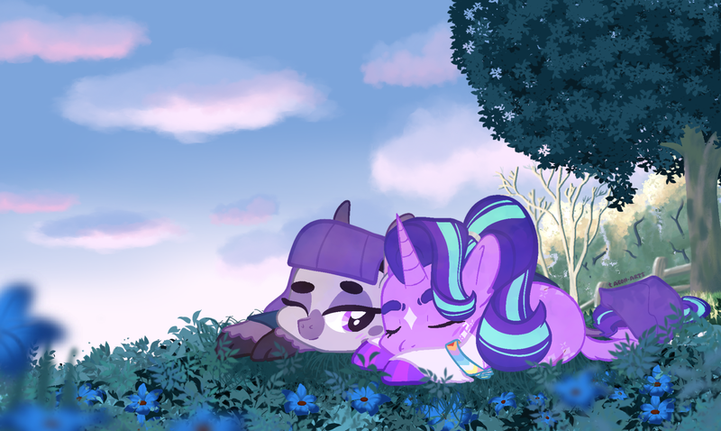 Size: 1983x1185 | Tagged: safe, artist:aeon-arts, derpibooru import, maud pie, starlight glimmer, earth pony, pony, unicorn, alternate design, cloud, cloven hooves, coat markings, duo, duo female, eyes closed, facial markings, female, fence, flower, g4, hill, horn, image, lesbian, lying down, mare, nap, one eye closed, outdoors, png, prone, shipping, sky, sleeping, sleeping together, snip (coat marking), socks (coat marking), star (coat marking), starmaud, tree, unshorn fetlocks