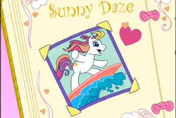 Size: 720x480 | Tagged: safe, derpibooru import, screencap, sunny daze (g3), earth pony, pony, a charming birthday, g3, bipedal, birthday book, female, image, mare, ocean, open mouth, open smile, picture, png, ponyville surprise birthday book, scrapbook, smiling, solo, surfboard, surfing, water, wave