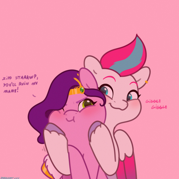Size: 2480x2480 | Tagged: safe, artist:starburstuwu, derpibooru import, pipp petals, zipp storm, pegasus, pony, g5, :t, adorapipp, adorazipp, angry, blushing, bust, cute, dialogue, duo, duo female, female, image, jpeg, madorable, pink background, puffy cheeks, royal sisters (g5), siblings, simple background, sisters, sisters being sisters, smiling, squishy cheeks, stahp