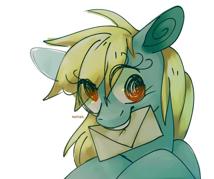 Size: 2224x1860 | Tagged: safe, artist:sunlighten_, derpibooru import, derpy hooves, pegasus, pony, cute, envelope, eye clipping through hair, female, g4, image, jpeg, letter, mare, mouth hold, simple background, solo, swirly eyes, white background, wingding eyes