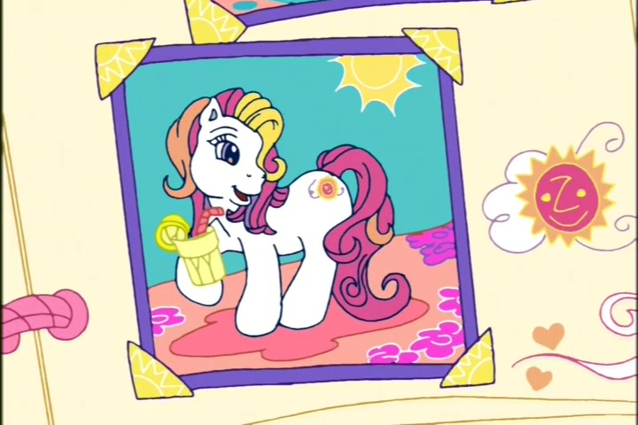 Size: 720x480 | Tagged: safe, derpibooru import, screencap, sunny daze (g3), earth pony, pony, a charming birthday, g3, birthday book, cutie mark, female, food, glass, hoof hold, image, juice, lemon, lemon slice, lemonade, looking back, mare, open mouth, open smile, picture, png, ponyville surprise birthday book, raised hoof, scrapbook, smiling, solo, straw, sun