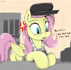 Size: 1491x1464 | Tagged: safe, artist:itzsirrice, derpibooru import, fluttershy, pegasus, pony, cash register, cashier, clothes, cross-popping veins, dead eyes, dialogue, emanata, eye twitch, female, folded wings, g4, hat, image, mare, open mouth, png, solo, text, wings