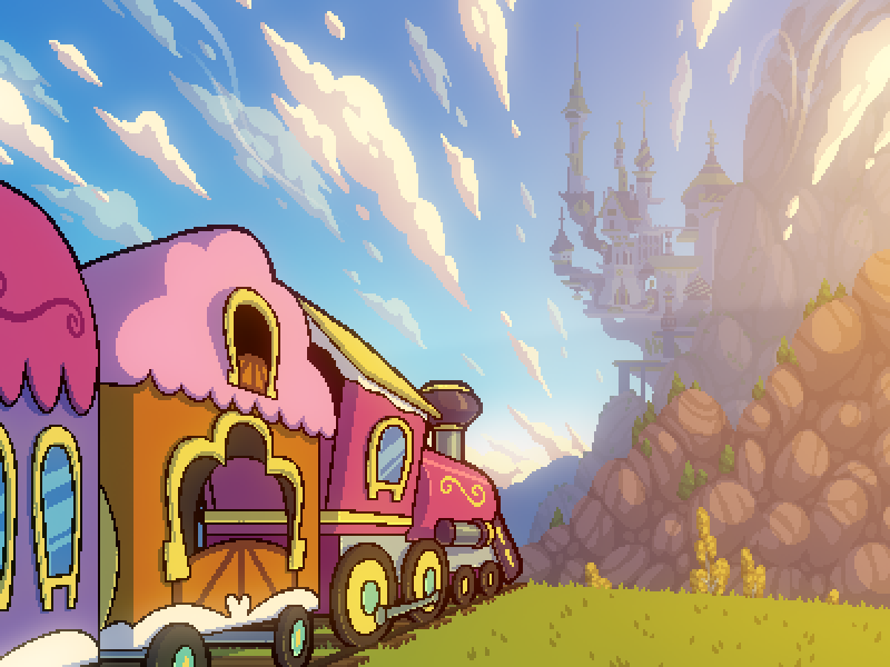 Size: 800x600 | Tagged: safe, artist:rangelost, derpibooru import, cyoa:d20 pony, canterlot, cyoa, digital art, friendship express, image, locomotive, no pony, pixel art, png, scenery, steam locomotive, story included, train