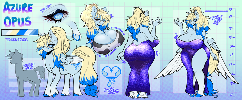 Size: 5660x2350 | Tagged: suggestive, alternate version, artist:paintedcora, derpibooru import, oc, oc:azure opus, unofficial characters only, anthro, pegasus, pony, unguligrade anthro, big breasts, big mare, blind, breasts, chubby, cleavage, clothes, cowprint, dress, erect nipples, gradient background, huge breasts, image, large butt, large female, nipple outline, open-back dress, png, reference sheet, solo, strapless dress, thighs, thunder thighs, total sideslit, underhoof, unshorn fetlocks, wide hips