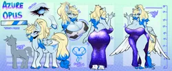 Size: 5660x2350 | Tagged: suggestive, alternate version, artist:paintedcora, derpibooru import, oc, oc:azure opus, unofficial characters only, anthro, pegasus, pony, unguligrade anthro, big breasts, breasts, chubby, cleavage, clothes, cowprint, dress, erect nipples, gradient background, huge breasts, image, nipple outline, png, reference sheet, solo, thighs, thunder thighs, underhoof, unshorn fetlocks, wide hips