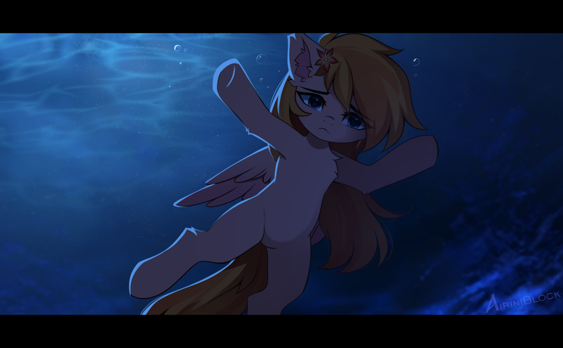 Size: 1383x856 | Tagged: safe, artist:airiniblock, derpibooru import, oc, unofficial characters only, pegasus, pony, armpits, asphyxiation, blue eyes, bubble, chest fluff, crepuscular rays, drowning, ear fluff, eye clipping through hair, feather, female, flower, flower in hair, flowing mane, flowing tail, frown, image, leg fluff, mare, moonlight, ocean, pegasus oc, png, sad, seaweed, solo, spread wings, swimming, tail, underwater, water, wings