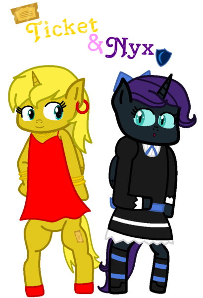 Size: 727x1065 | Tagged: safe, artist:princess-paige-place-of-fun, derpibooru import, oc, oc:nyx, oc:ticket, unofficial characters only, alicorn, pony, alicorn oc, anarchy panty, anarchy stocking, bipedal, bow, bracelet, clothes, crossover, cutie mark, dress, ear piercing, earring, female, goth, gothic lolita, hair bow, horn, image, jewelry, lolita fashion, mare, necklace, panty and stocking with garterbelt, piercing, png, simple background, slit pupils, smiling, socks, stockings, striped socks, text, thigh highs, transparent background, wings