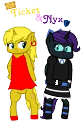 Size: 727x1065 | Tagged: safe, artist:princess-paige-place-of-fun, derpibooru import, oc, oc:nyx, oc:ticket, unofficial characters only, alicorn, pony, alicorn oc, anarchy panty, anarchy stocking, bipedal, bow, bracelet, clothes, crossover, cutie mark, dress, ear piercing, earring, female, goth, gothic lolita, hair bow, horn, image, jewelry, lolita fashion, mare, necklace, panty and stocking with garterbelt, piercing, png, simple background, slit pupils, smiling, socks, stockings, striped socks, text, thigh highs, transparent background, wings
