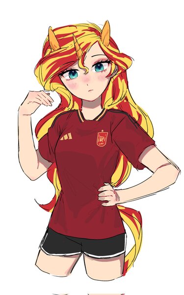 Size: 1281x2048 | Tagged: safe, artist:mlp_1121, derpibooru import, sunset shimmer, human, adidas, clothes, eared humanization, football, g4, humanized, image, jpeg, looking at you, shirt, shorts, simple background, solo, sports, t-shirt, tail, tailed humanization, white background