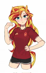 Size: 1281x2048 | Tagged: safe, artist:mlp_1121, derpibooru import, sunset shimmer, human, adidas, clothes, eared humanization, football, g4, humanized, image, jpeg, looking at you, shirt, shorts, simple background, solo, sports, t-shirt, tail, tailed humanization, white background