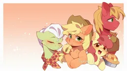 Size: 1920x1080 | Tagged: safe, artist:糖希, ponerpics import, ponybooru import, apple bloom, applejack, big macintosh, granny smith, earth pony, pony, adorabloom, apple family, blushing, cute, female, filly, foal, food, gradient background, image, jpeg, looking at you, male, mare, open mouth, pie, smiling, stallion, straw in mouth, text