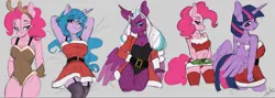 Size: 1412x500 | Tagged: suggestive, artist:aurorafang, derpibooru import, izzy moonbow, pinkie pie, twilight sparkle, twilight sparkle (alicorn), alicorn, anthro, unicorn, g5, antlers, armpits, belly button, belt, boobs and butt pose, bra, bra strap, breasts, christmas, cleavage, clone, clothes, costume, female, females only, fishnet clothing, fishnets, holiday, horn, image, izzy and her heroine, jpeg, leggings, midriff, opaline arcana, pinkie clone, santa costume, seductive look, seductive pose, socks, stockings, thigh highs, underwear
