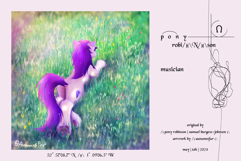 Size: 4872x3244 | Tagged: safe, artist:autumnsfur, derpibooru import, oc, oc:glitter stone, ponified, unofficial characters only, earth pony, pony, album cover, butt, butt fluff, chest fluff, coat markings, coordinates, cover art, credits, dawn, diamond, diamond cutie mark, ear fluff, earth pony oc, facing away, female, fluffy, full body, grass, gray coat, gray fur, hoof heart, hooves, horseshoes, image, inspired by a song, latitude and longitude, lineless, location, long mane, long tail, looking at something, lying down, mare, musician, outdoors, parody, plot, png, pony oc, porter robinson, prone, purple hair, purple mane, rear, simple background, socks (coat marking), solo, tail, text, underhoof, unshorn fetlocks