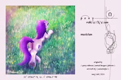 Size: 4872x3244 | Tagged: safe, artist:autumnsfur, derpibooru import, oc, oc:glitter stone, ponified, unofficial characters only, earth pony, pony, album cover, butt, butt fluff, chest fluff, coat markings, coordinates, cover art, credits, dawn, diamond, diamond cutie mark, ear fluff, earth pony oc, facing away, female, fluffy, full body, grass, gray coat, gray fur, hoof heart, hooves, horseshoes, image, inspired by a song, latitude and longitude, lineless, location, long mane, long tail, looking at something, lying down, mare, musician, outdoors, parody, plot, png, pony oc, porter robinson, prone, purple hair, purple mane, rear, simple background, socks (coat marking), solo, tail, text, underhoof, unshorn fetlocks