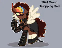 Size: 1348x1056 | Tagged: safe, artist:bluemoon, derpibooru import, oc, alicorn, pony, boots, clothes, coat markings, collar, curved horn, dress, fishnet clothing, fishnets, gala dress, glasses, grand galloping gala, horn, image, nose piercing, piercing, png, shoes, skirt, socks, socks (coat marking), solo, spread wings, stockings, thigh highs, wings