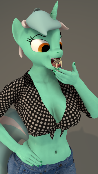 Size: 2160x3840 | Tagged: questionable, artist:~stuffguy123, derpibooru import, bon bon, lyra heartstrings, sweetie drops, anthro, earth pony, plantigrade anthro, unicorn, 3d, absolute cleavage, belly button, breasts, busty bon bon, busty lyra heartstrings, cleavage, clothes, drool, drool string, dubious consent, exposed belly, front knot midriff, g4, hand on hip, horn, image, macro/micro, midriff, open mouth, png, simple background, size difference, source filmmaker, tongue out, vore