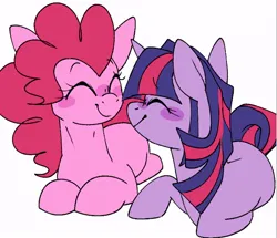 Size: 720x618 | Tagged: safe, artist:sunlighten_, derpibooru import, pinkie pie, twilight sparkle, earth pony, pony, unicorn, blushing, duo, duo female, eyebrows, eyebrows visible through hair, eyes closed, female, g4, horn, image, jpeg, lesbian, looking at each other, looking at someone, lying down, mare, prone, shipping, simple background, smiling, smiling at each other, twinkie, unicorn twilight, white background