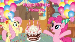 Size: 3475x1942 | Tagged: safe, artist:lizzmcclin, derpibooru import, fluttershy, pinkie pie, earth pony, pegasus, balloon, cake, candle, duo, duo female, female, food, g4, happy birthday, hat, image, party hat, pinkie pie's birthday, png, starry eyes, sugarcube corner, wingding eyes