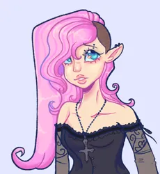 Size: 564x613 | Tagged: safe, artist:kreeeeeez, derpibooru import, fluttershy, human, bust, cross, cross necklace, ear piercing, elf ears, eyebrow piercing, female, g4, humanized, image, jewelry, light blue background, necklace, piercing, png, simple background, solo