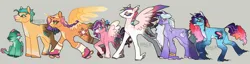 Size: 2048x528 | Tagged: safe, artist:venus_ai_, derpibooru import, hitch trailblazer, izzy moonbow, pipp petals, sparky sparkeroni, sunny starscout, zipp storm, alicorn, dragon, earth pony, pegasus, pony, unicorn, g5, my little pony: a new generation, alternate color palette, alternate cutie mark, alternate design, alternate hairstyle, alternate tail color, alternate tailstyle, blue coat, blue eyes, bracelet, child, claws, colored wings, crown, curved horn, diverse body types, eyelashes, father and child, father and son, feather, female, flowing mane, flowing tail, gradient mane, gray background, green eyes, green mane, green skin, green tail, headcanon in the description, height difference, horn, image, jewelry, jpeg, looking at you, male, mare, misty brightdawn, mohawk, multiple characters, orange coat, physique difference, pose, race swap, raised leg, rebirth misty, redesign, regalia, roller skates, signature, simple background, skates, smiling, solo, spread wings, stallion, sunnycorn, tail, two toned mane, two toned tail, two toned wings, unshorn fetlocks, white coat, wings, yellow coat, yellow eyes
