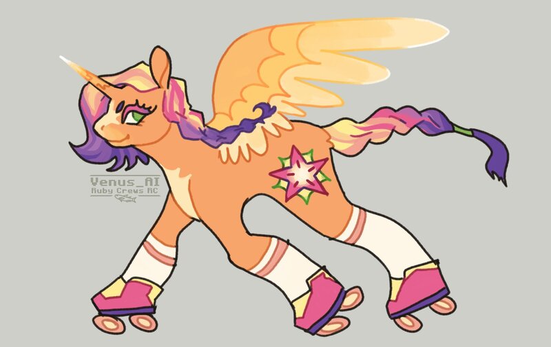 Size: 1900x1200 | Tagged: safe, artist:venus_ai_, derpibooru import, sunny starscout, alicorn, pony, g5, my little pony: a new generation, alternate color palette, alternate cutie mark, alternate hairstyle, alternate tail color, alternate tailstyle, eyelashes, flowing mane, flowing tail, gray background, green eyes, horn, image, jpeg, orange coat, pose, race swap, roller skates, signature, simple background, skates, spread wings, sunnycorn, tail, wings