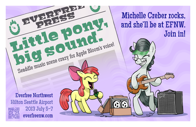 Size: 5100x3300 | Tagged: safe, artist:pedantia, derpibooru import, apple bloom, oc, oc:front page, ponified, earth pony, pony, everfree northwest, female, filly, foal, g4, glasses, guitar, image, michelle creber, musical instrument, png