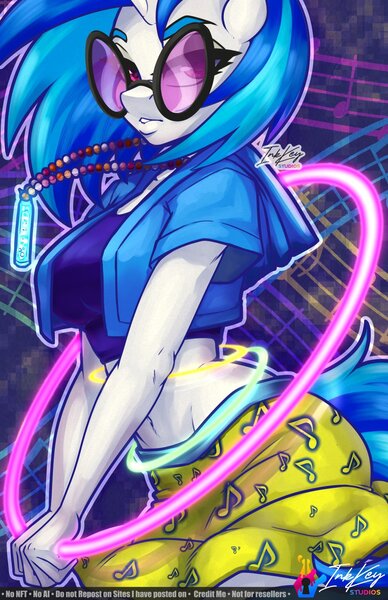 Size: 990x1530 | Tagged: safe, artist:inkkeystudios, derpibooru import, vinyl scratch, anthro, unguligrade anthro, unicorn, abstract background, clothes, colored eyebrows, eyebrows, eyelashes, eyeshadow, female, g4, glasses, glowstick, hands together, hoodie, horn, image, jewelry, jpeg, lidded eyes, looking at you, makeup, midriff, music notes, necklace, outline, signature, skirt, solo, text, top, vinyl's glasses