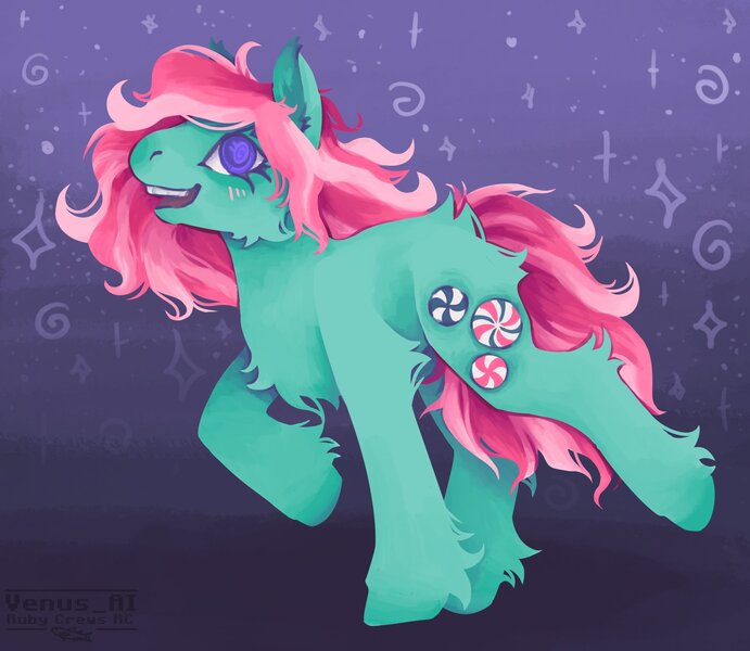 Size: 2107x1829 | Tagged: safe, artist:venus_ai_, derpibooru import, minty, earth pony, pony, g3, blue eyes, chest fluff, cyan mane, detailed background, flowing mane, flowing tail, image, jpeg, leg fluff, pink mane, pink tail, raised leg, running, signature, smiling, tail, two toned mane, two toned tail