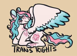 Size: 1600x1152 | Tagged: safe, artist:venus_ai_, derpibooru import, star catcher, pegasus, pony, g3, blue eyes, female, image, jpeg, looking at you, mare, pride, pride flag, simple background, solo, spread wings, tail, title card, transgender pride flag, two toned mane, two toned tail, wings, yellow background