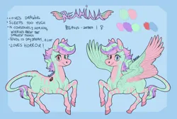 Size: 2100x1412 | Tagged: safe, artist:reamina, derpibooru import, oc, oc:reamina, unofficial characters only, hybrid, pony, zebra, zebrasus, zony, blue background, blue eyes, color palette, colored hooves, colored wings, female, female symbol, heterochromia, image, leonine tail, looking at you, mare, multicolored wings, png, red eyes, reference sheet, simple background, solo, spread wings, stripes, tail, wings