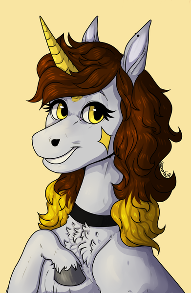 Size: 1307x2004 | Tagged: safe, artist:reamina, derpibooru import, oc, oc:aveena, pony, unicorn, bust, female, horn, image, mare, png, portrait, simple background, solo, yellow background
