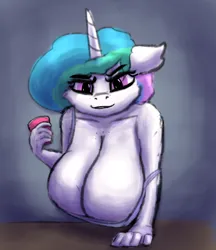 Size: 584x677 | Tagged: suggestive, artist:ismyaltaccount, derpibooru import, princess celestia, anthro, big breasts, breast overpour, breasts, bust, busty princess celestia, cleavage, clothes, cup, female, g4, horn, huge breasts, image, impossibly large breasts, leaning, leaning forward, leaning on table, long breasts, looking at you, png, seductive, skindentation, smiling, smiling at you, solo, solo female
