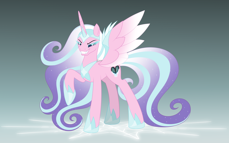 Size: 7128x4455 | Tagged: safe, artist:feather_bloom, derpibooru import, princess flurry heart, alicorn, pony, armor, commission, corrupted, corrupted flurry heart, evil, evil flurry heart, evil grin, fangs, flowing mane, frozen heart, g4, gradient background, grin, ice, image, nightmare flurry heart, png, smiling, solo, sparkly mane, sparkly tail, tail