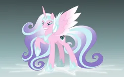 Size: 7128x4455 | Tagged: safe, artist:feather_bloom, derpibooru import, princess flurry heart, alicorn, pony, armor, commission, corrupted, corrupted flurry heart, evil, evil flurry heart, evil grin, fangs, flowing mane, frozen heart, g4, gradient background, grin, ice, image, nightmare flurry heart, png, smiling, solo, sparkly mane, sparkly tail, tail