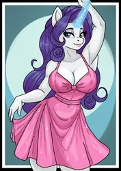 Size: 1240x1754 | Tagged: safe, artist:rekheadz, derpibooru import, rarity, anthro, pony, unicorn, arm behind head, armpits, bedroom eyes, big breasts, breasts, busty rarity, cleavage, clothes, dress, female, g4, glow, glowing horn, horn, image, mare, pink dress, png, smiling, solo
